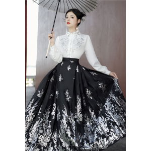 Silver Bloom 银花飞羽 - New Chinese Style Top & Mamian Skirt Set