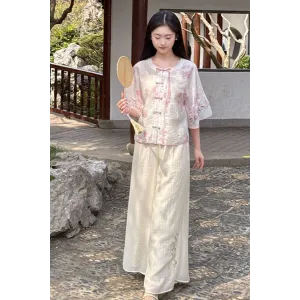 Zhen Feng Mian 枕风眠 - New Chinese Hanfu Pink Top & Wide-leg Pants Set
