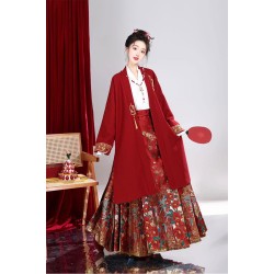 Hong Shu 红姝玉影 - Ming Style Wedding Hanfu Coat & Top & Mamian Skirt Set