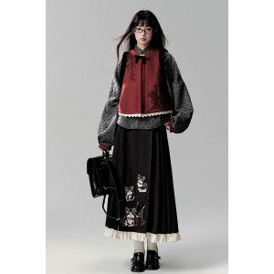 Ebony Agarwood 乌木沉香 - Han Chinese Element  College Style Bijia & Top & MaMian Skirt Set