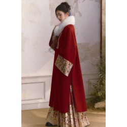 Eternal Fireworks 烟火年年 - New Chinese Style Wedding Hanfu Fur Collar & Coat & Mamian Skirt Set