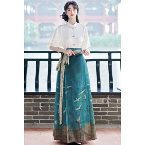 Blessed Cranes 瑞鹤图 - New Chinese Style Top & Petticoat & Mamian Skirt Set