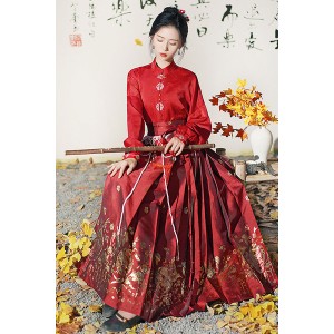 Red Bird Flower 红花鸟 - New Chinese Style Wedding Hanfu Top & Mamian Skirt Set