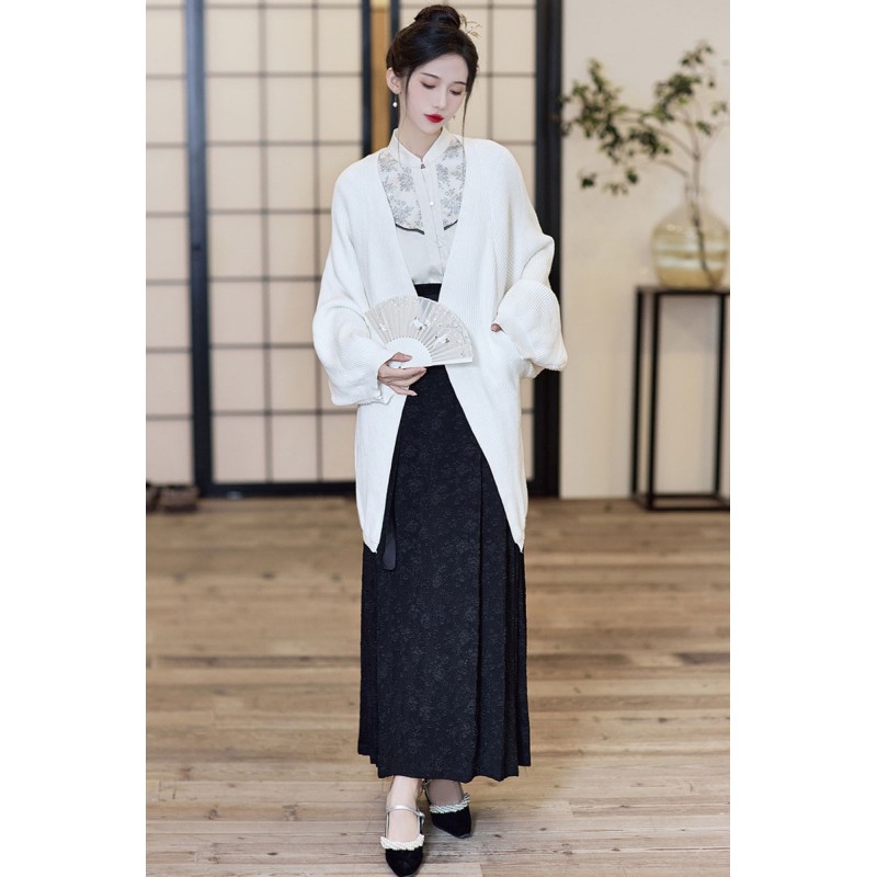 Linear Floral 线条花 - New Chinese Style Knitted Cardigan & Top & Mamian Skirt Set Linear Floral 线条花 - New Chinese Style Knitted Cardigan & Top & Mamian Skirt Set