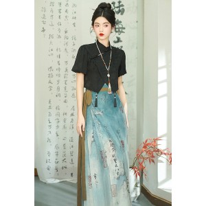 Blue Ink 蓝色墨水 - New Chinese Style Top & Mamian Skirt Set