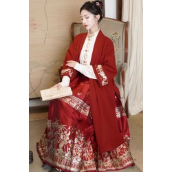 Glaze Red 釉红梅 - New Chinese Style Top & Coat & Mamian Skirt Set