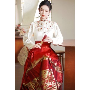 Phoenix Pair 鸾凤 - New Chinese Style Wedding Hanfu Top & Mamian Skirt Set