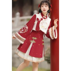 Spring Loong 游龙贺春 - Han Element New Year Vest & Dress & Pleated Skirt Hanfu Set