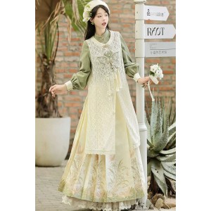 Lily Cat 百合猫猫 - New Chinese Style Top & Sleeveless Jacket & Ma Mian Skirt Set