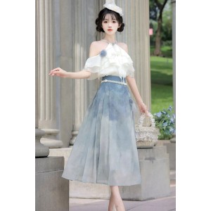 Wisteria Clouds 紫藤寄云川 - New Chinese Style Top & Waist Chain & Mamian Skirt Set