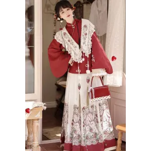 Strawberry & Bunny 草莓与兔兔 - Han Element Hanfu Top &  Fake Collar & Mamian Skirt Set