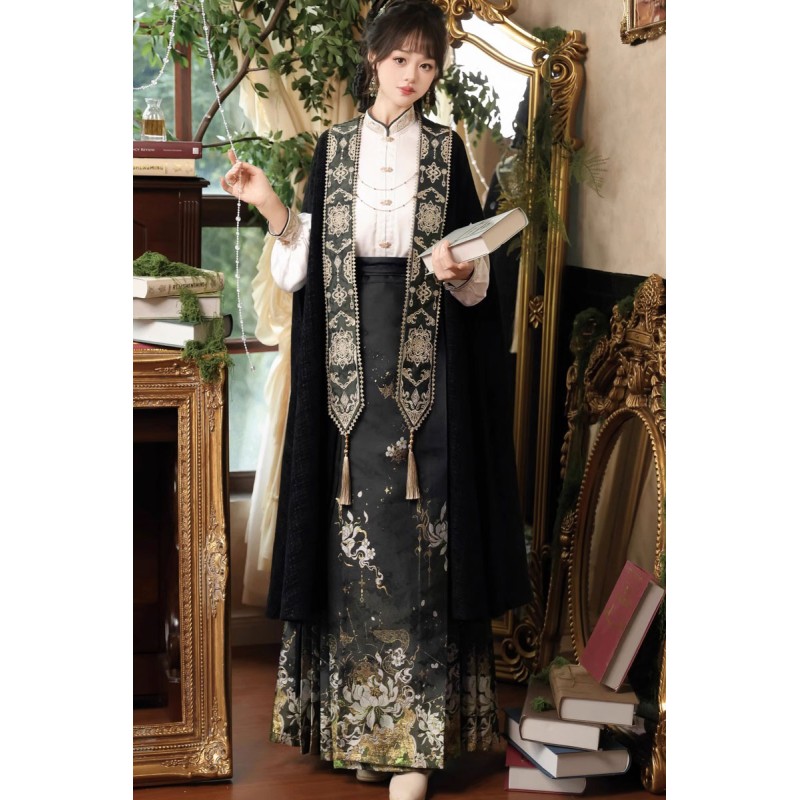 Qing Yan 青魇 - New Chinese Style Stand Collar Top & Cape & Mamian Skirt Set Qing Yan 青魇 - New Chinese Style Stand Collar Top & Cape & Mamian Skirt Set