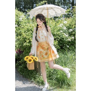 Sunward Bloom 向阳花事 - Han Chinese Element Half Shirt & Suspenders & Ma Mian Skirt Set